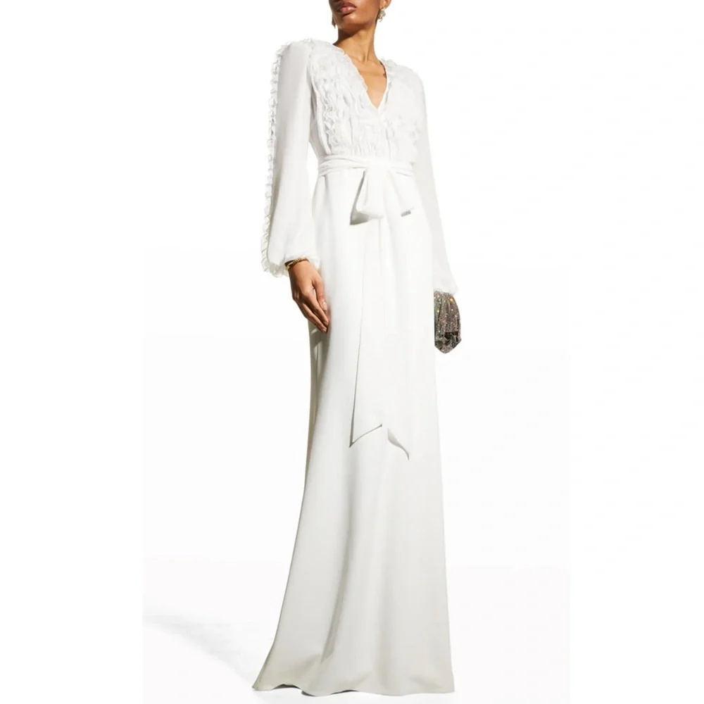 Badgley Mischka White Long Sleeve Evening Gown - Picture 1 of 5